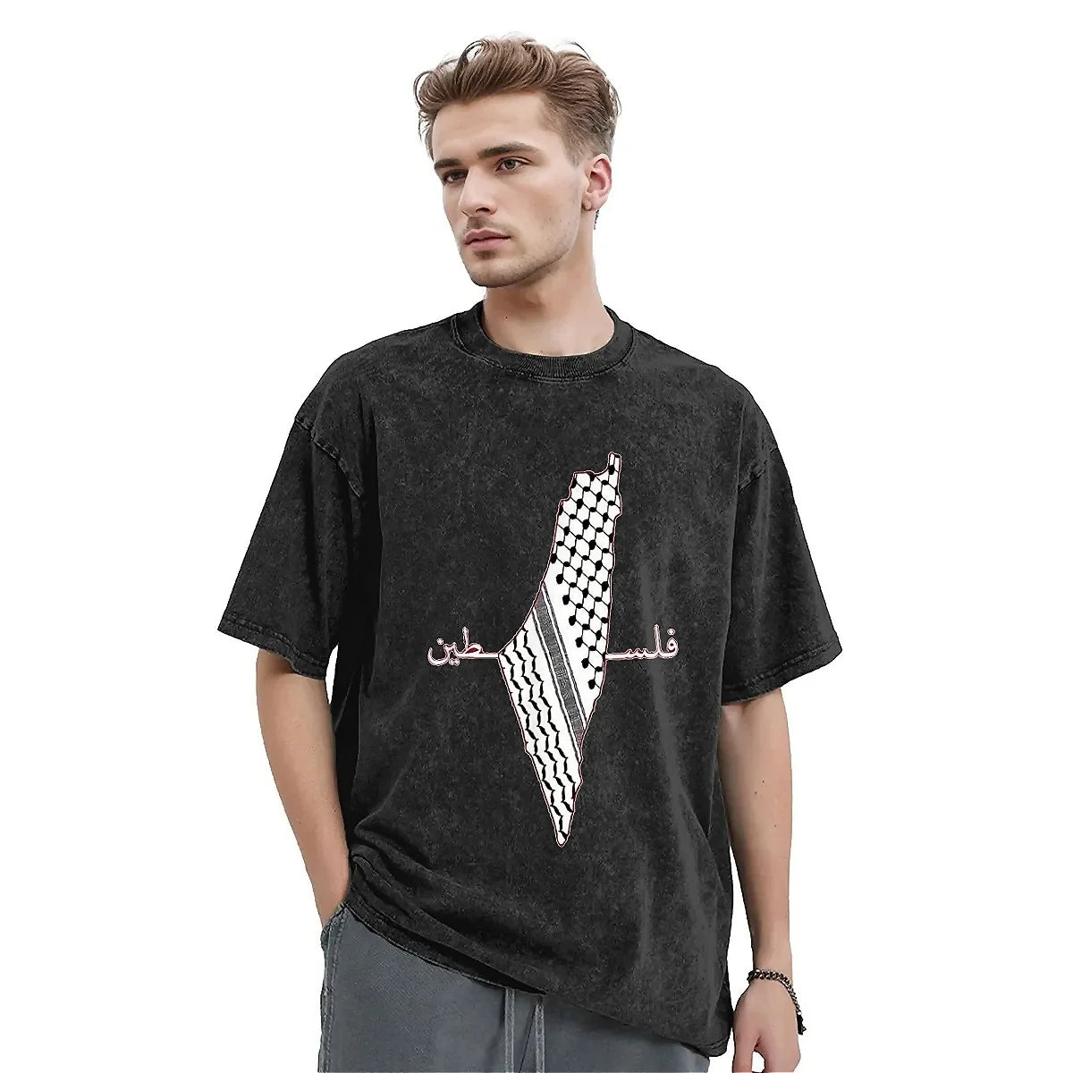 Camiseta lavada de gran tamaño Keffiyeh Palestina, camisetas de algodón con mapa, camiseta Popular de bandera para verano Unisex, ropa con estampado divertido Y2K