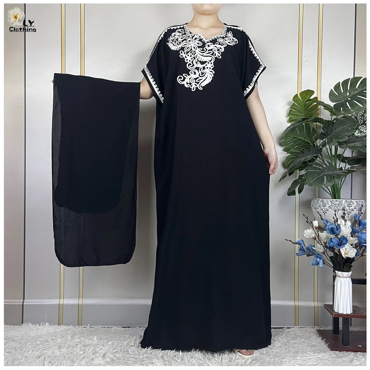 2023 African Abayas For Women Short Sleeve Summer Solid Color Loose Femme Robe Maxi Muslim Elegant Woman Dresses With Turban