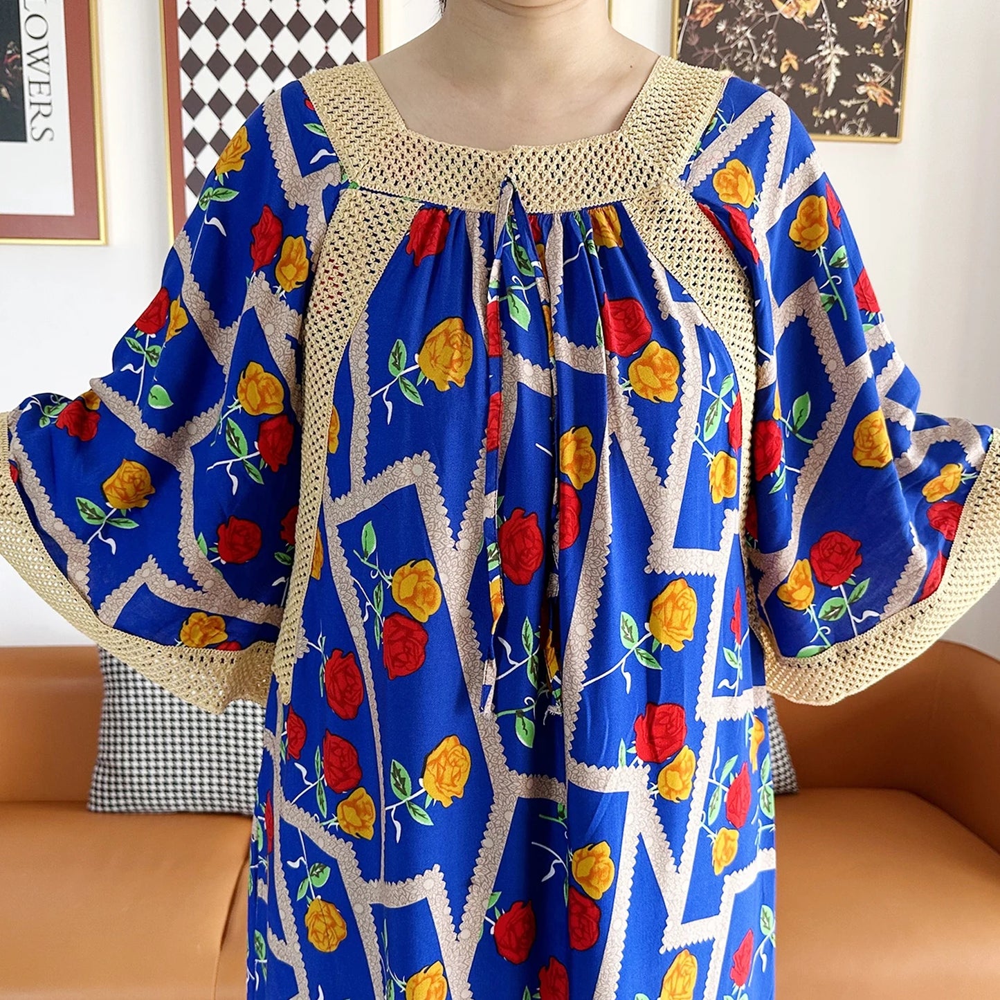 2023 African Lady Eid Dress with Big Scarf Cotton Wave Point Printed Loose Floral Boubou Maxi Islam Women Short Sleeve Abaya