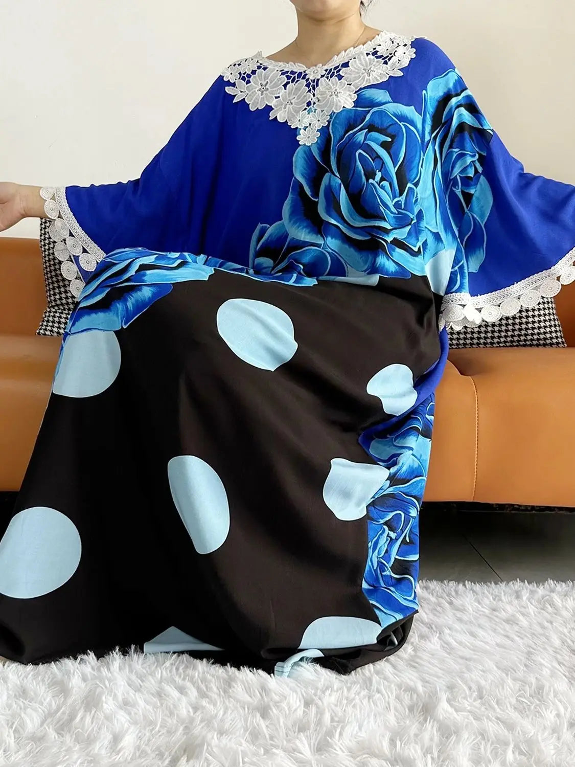 2023 African Lady Eid Dress with Big Scarf Cotton Wave Point Printed Loose Floral Boubou Maxi Islam Women Short Sleeve Abaya