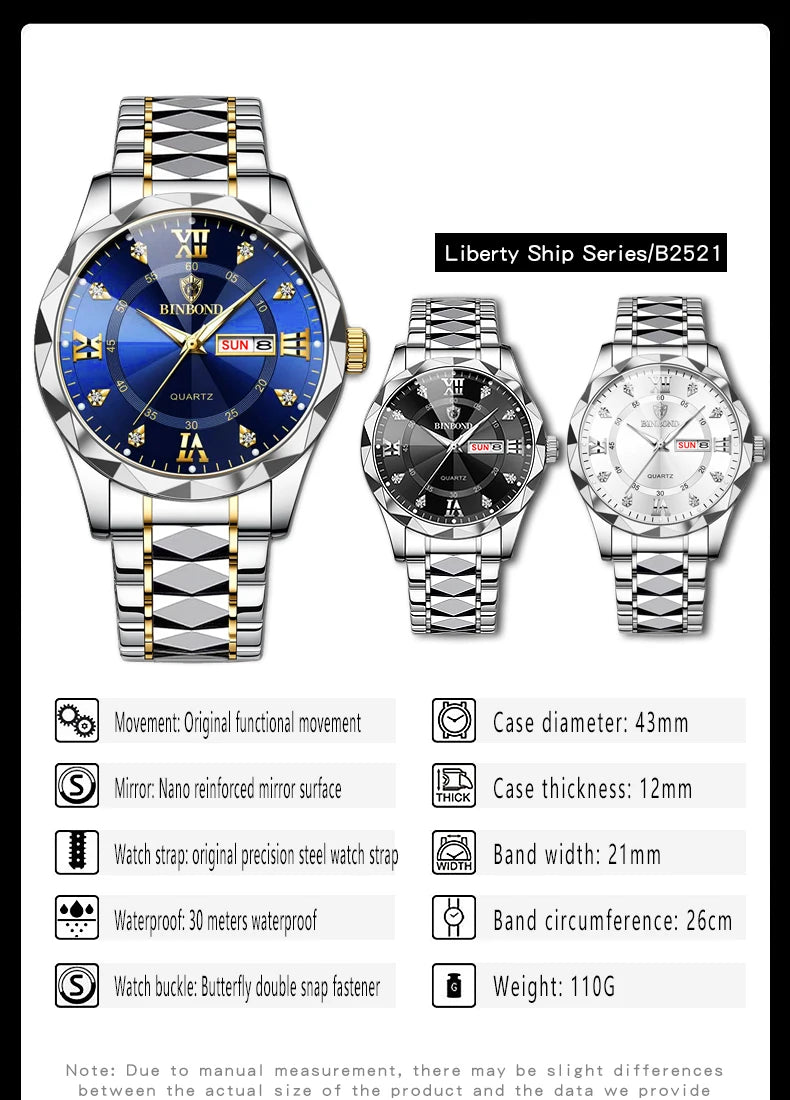 BINBOND Authentic Men's Watch Waterproof Night Glow Double Calendar Watch Men's Quartz Watch Diamond Pointed Glass