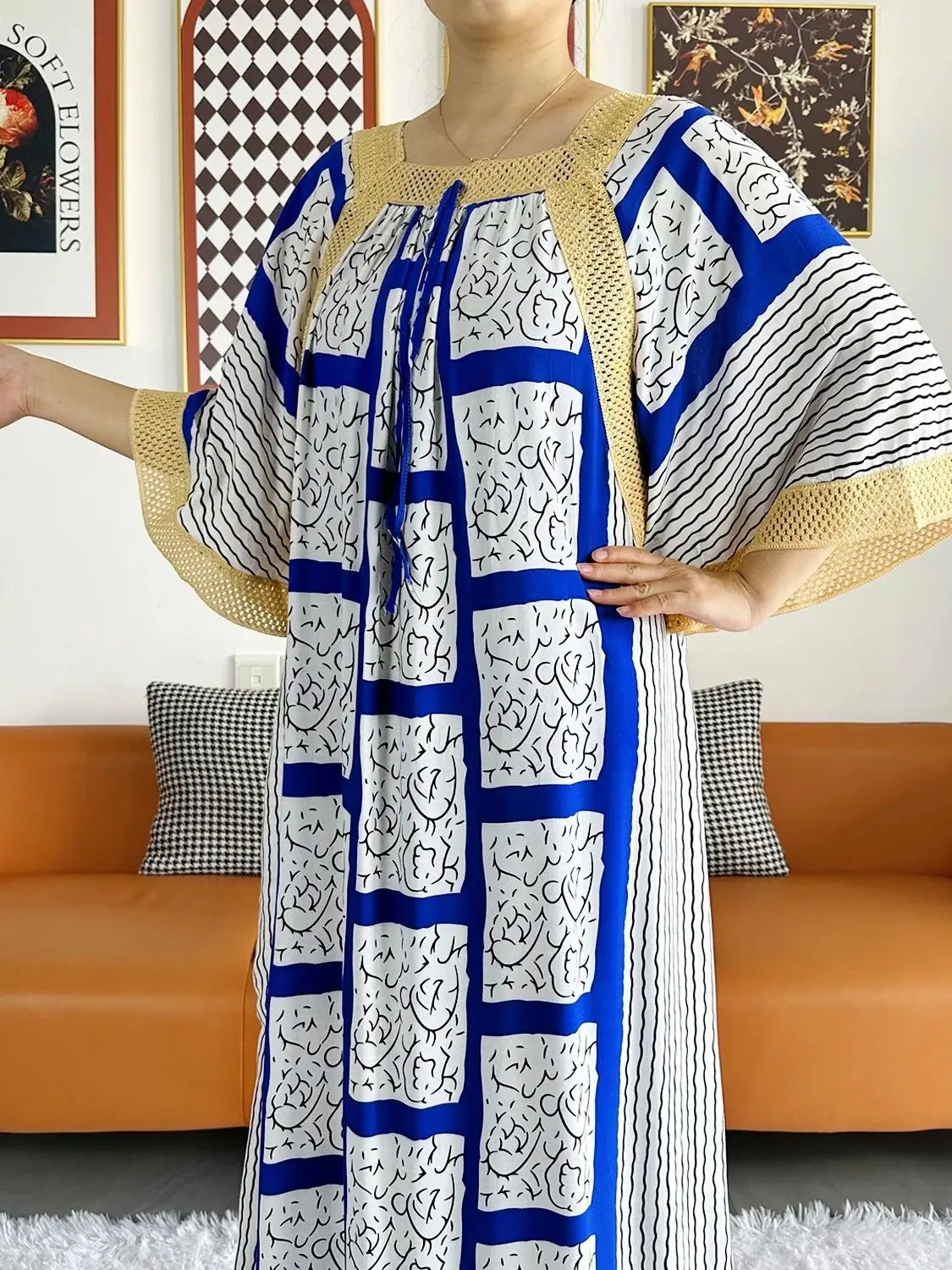 2023 African Lady Eid Dress with Big Scarf Cotton Wave Point Printed Loose Floral Boubou Maxi Islam Women Short Sleeve Abaya