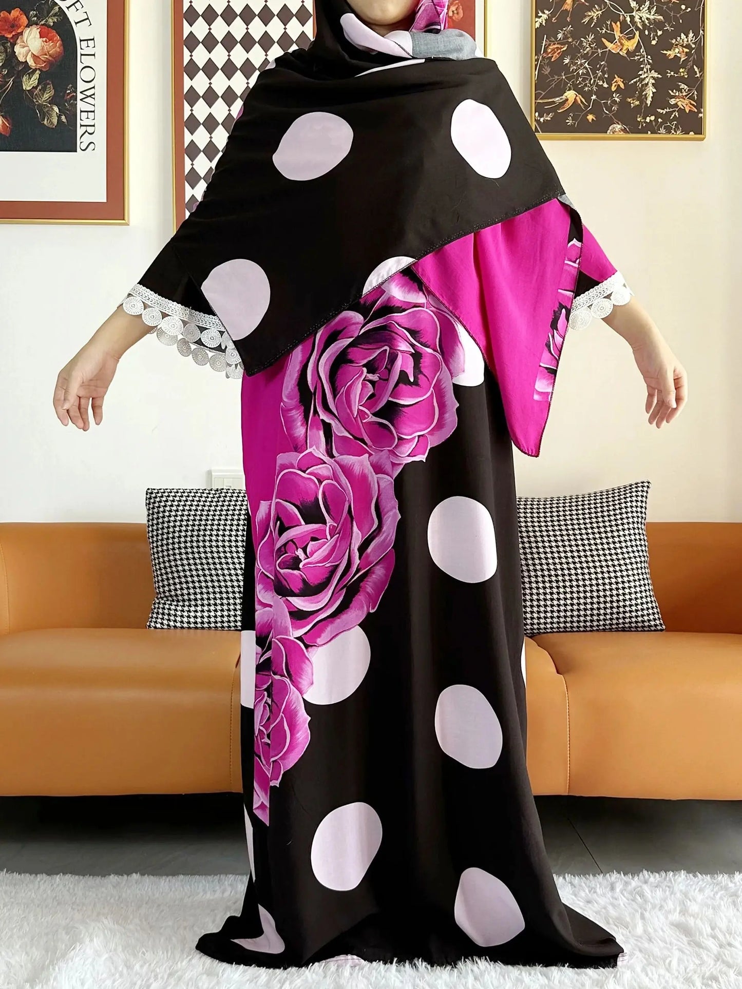 2023 African Lady Eid Dress with Big Scarf Cotton Wave Point Printed Loose Floral Boubou Maxi Islam Women Short Sleeve Abaya