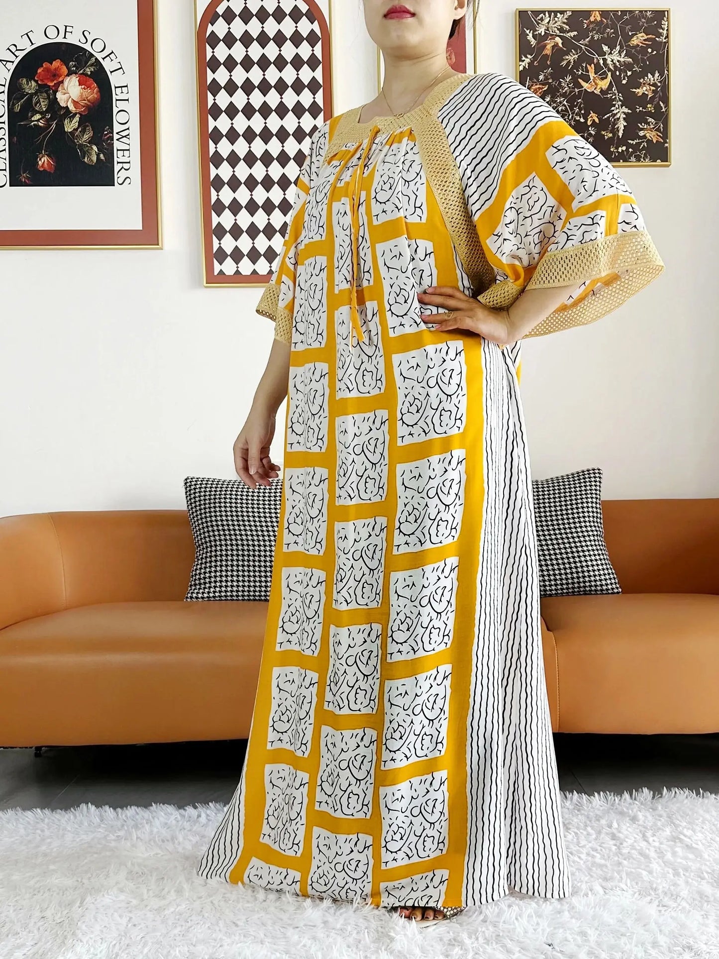 2023 African Lady Eid Dress with Big Scarf Cotton Wave Point Printed Loose Floral Boubou Maxi Islam Women Short Sleeve Abaya