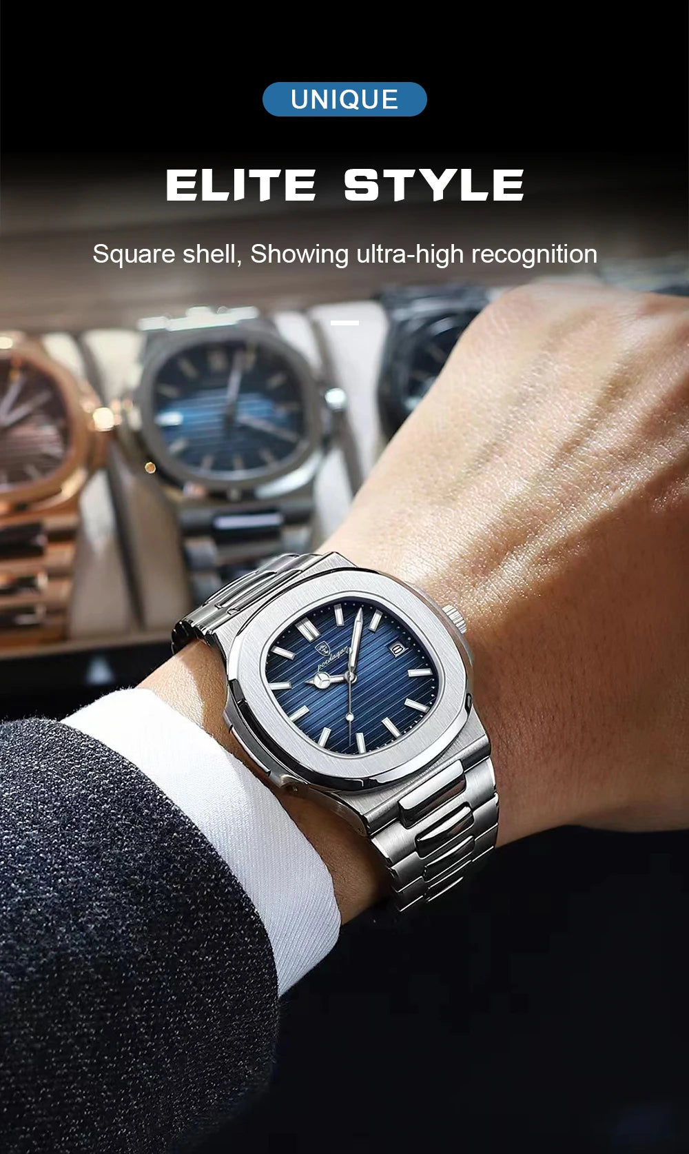 POEDAGAR Fashion Square Dial Quartz Watch for Men Stainless Steel Waterproof Luminous Date Mens Watches Top Brand Luxury Clock