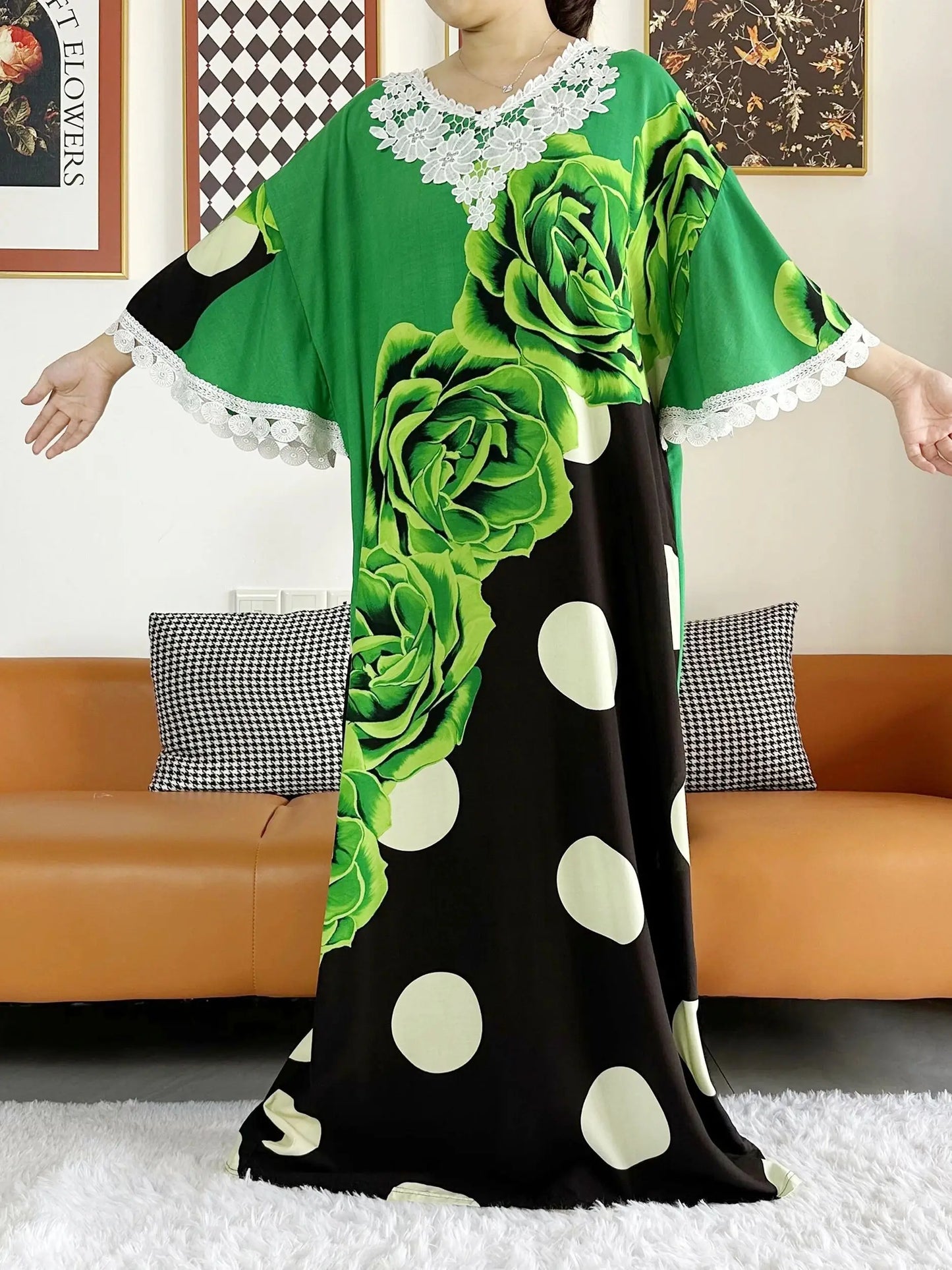 2023 African Lady Eid Dress with Big Scarf Cotton Wave Point Printed Loose Floral Boubou Maxi Islam Women Short Sleeve Abaya