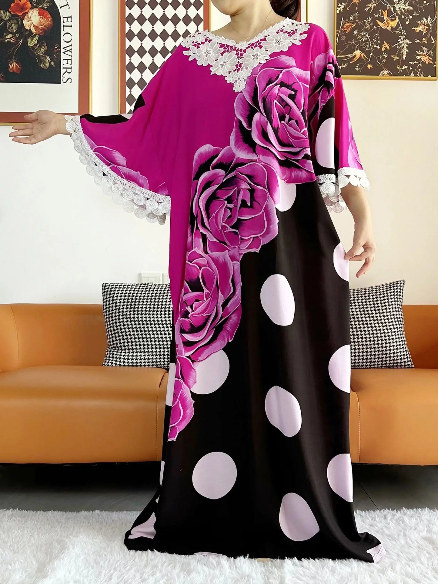 2023 African Lady Eid Dress with Big Scarf Cotton Wave Point Printed Loose Floral Boubou Maxi Islam Women Short Sleeve Abaya