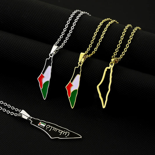 Fashion State of Palestine Map Flag Pendant Necklace Stainless Steel Men Women فلسطين Ethnic Map Jewelry Gift