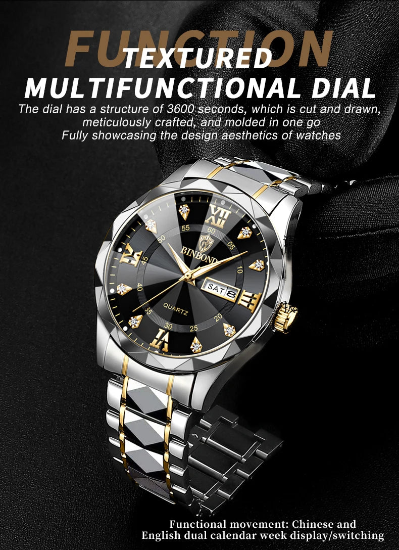 BINBOND Authentic Men's Watch Waterproof Night Glow Double Calendar Watch Men's Quartz Watch Diamond Pointed Glass