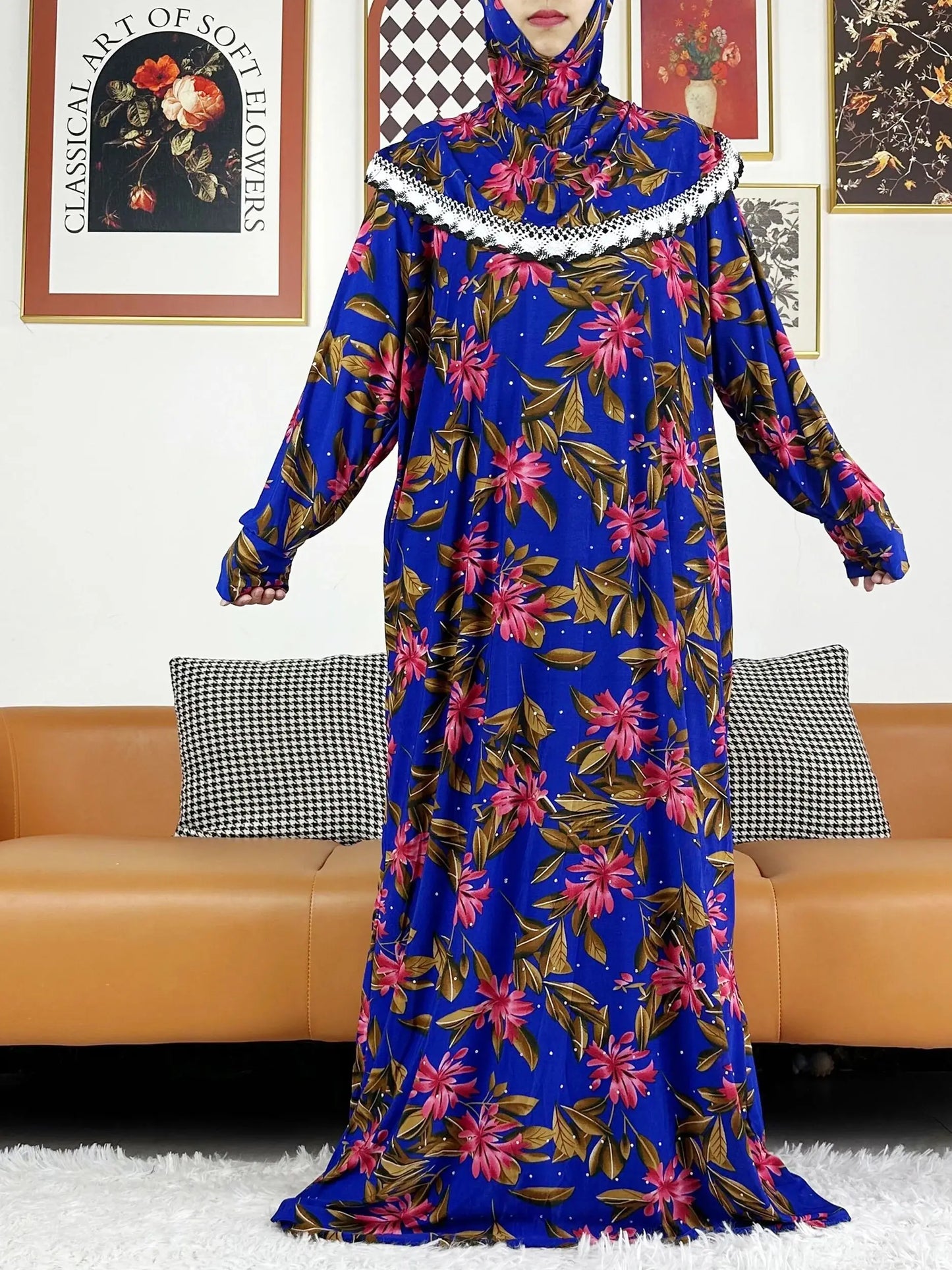 2023 Muslim Cotton Abayas For Women Ramadan Prayer Dubai Turkey Middle East Femme Robe Floral Loose African Dress Turban Joint