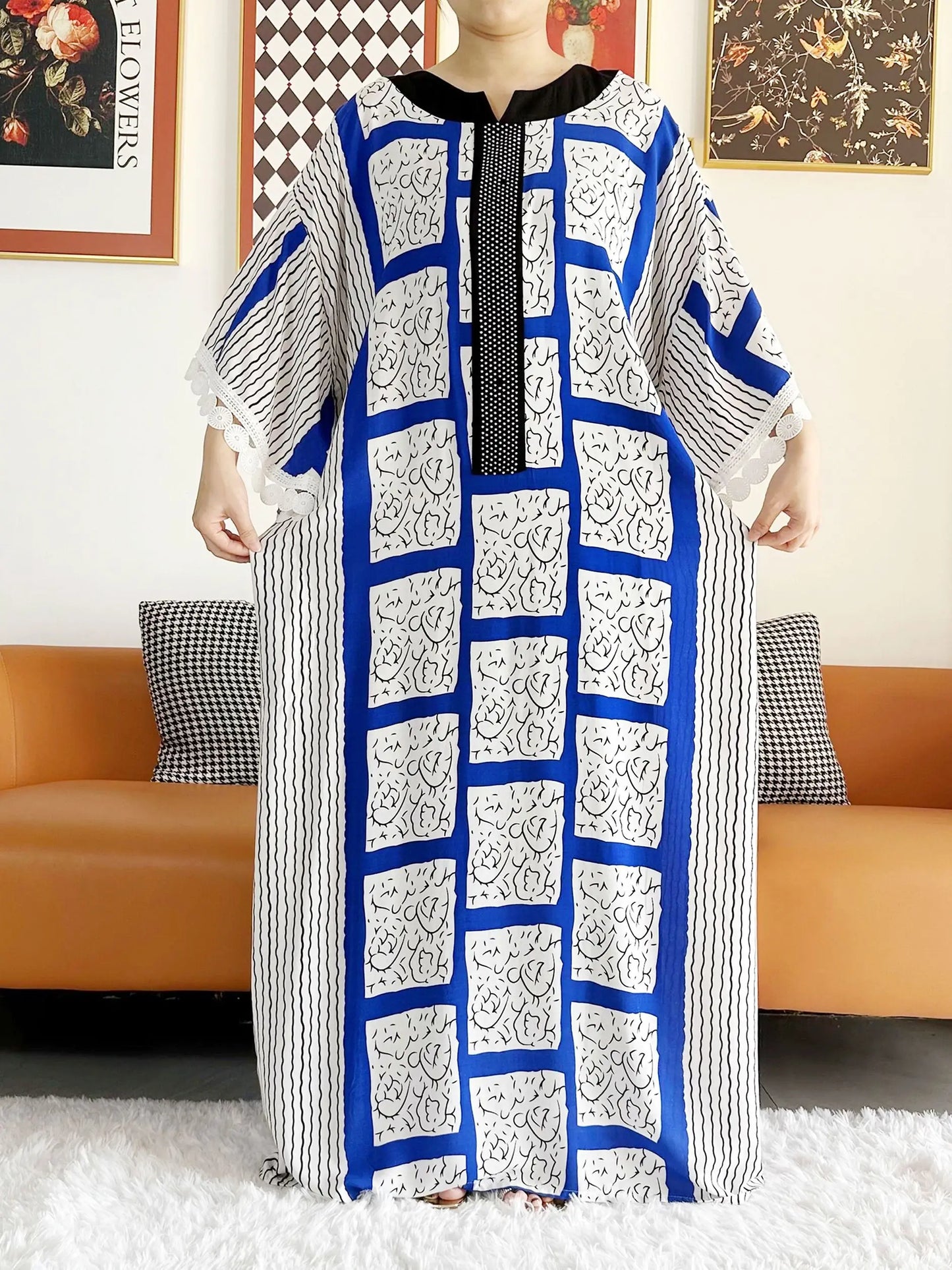 2023 African Lady Eid Dress with Big Scarf Cotton Wave Point Printed Loose Floral Boubou Maxi Islam Women Short Sleeve Abaya