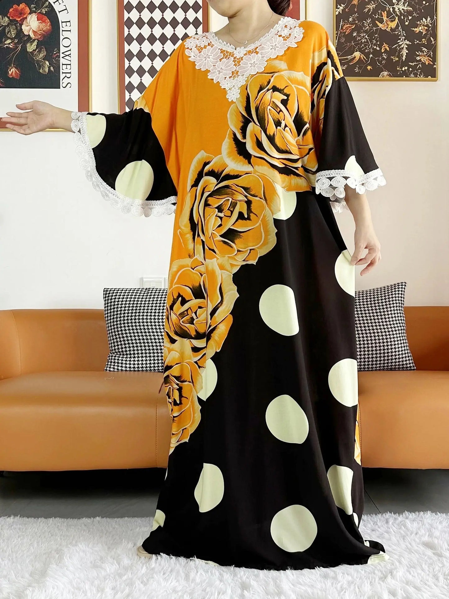 2023 African Lady Eid Dress with Big Scarf Cotton Wave Point Printed Loose Floral Boubou Maxi Islam Women Short Sleeve Abaya