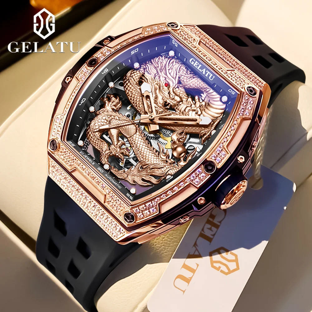 GELATU 6021 Mens Watch Original Brand Automatic Watch Waterproof Luminous Watch For Men Diamond Bezel Dragon Watches Luxury Men