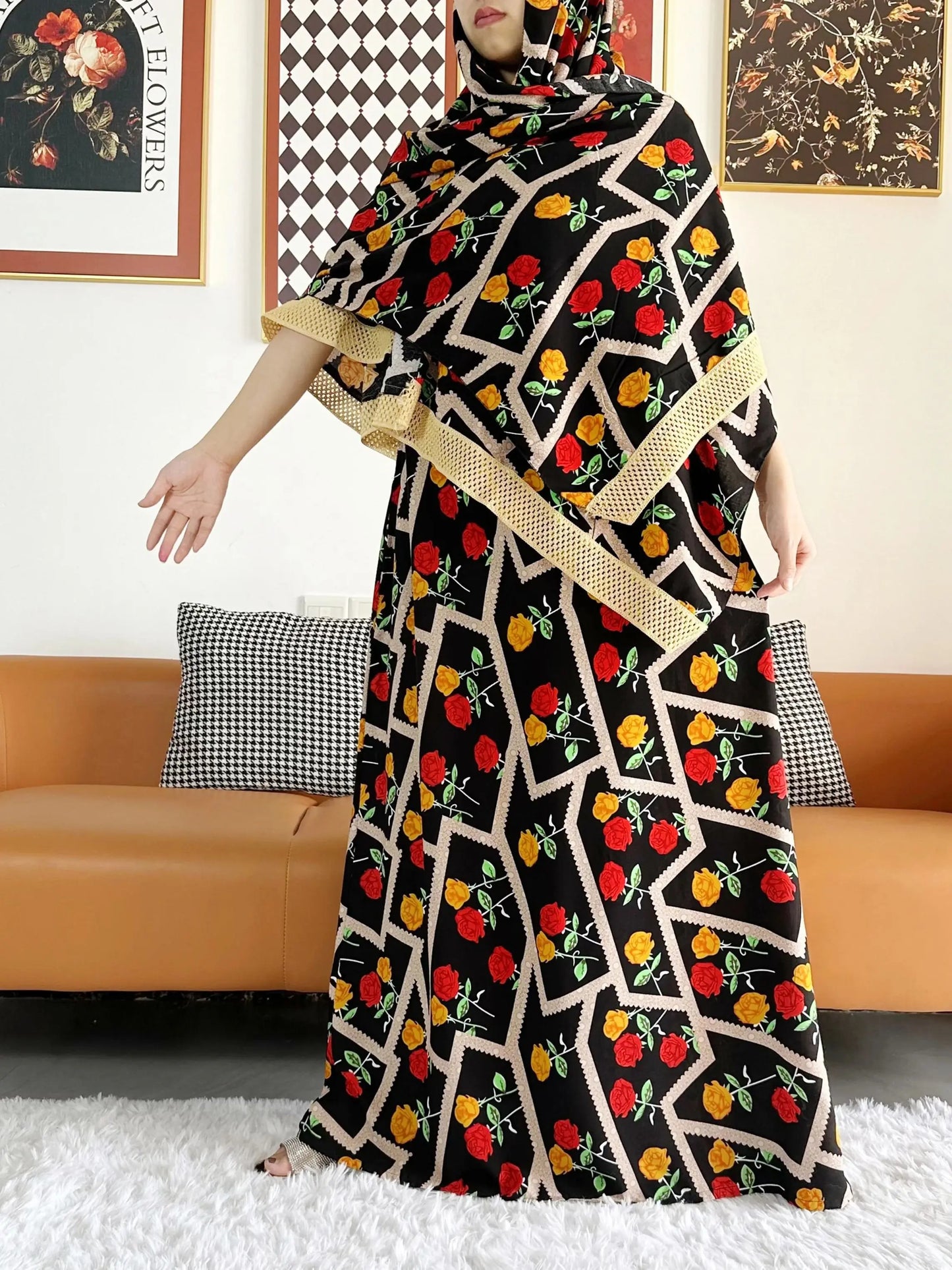 2023 African Lady Eid Dress with Big Scarf Cotton Wave Point Printed Loose Floral Boubou Maxi Islam Women Short Sleeve Abaya