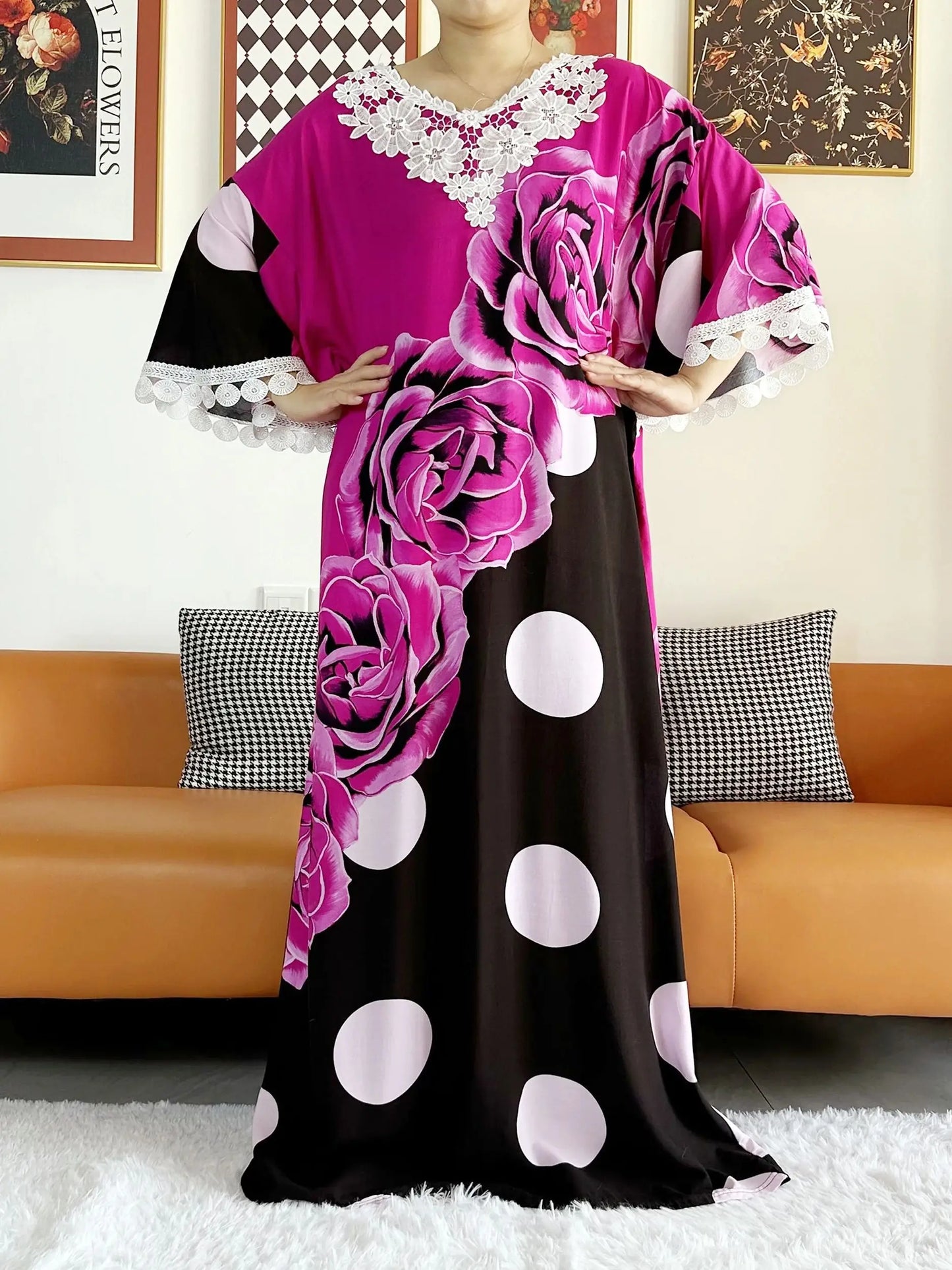 2023 African Lady Eid Dress with Big Scarf Cotton Wave Point Printed Loose Floral Boubou Maxi Islam Women Short Sleeve Abaya