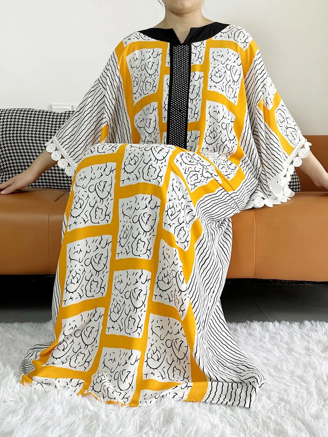 2023 African Lady Eid Dress with Big Scarf Cotton Wave Point Printed Loose Floral Boubou Maxi Islam Women Short Sleeve Abaya