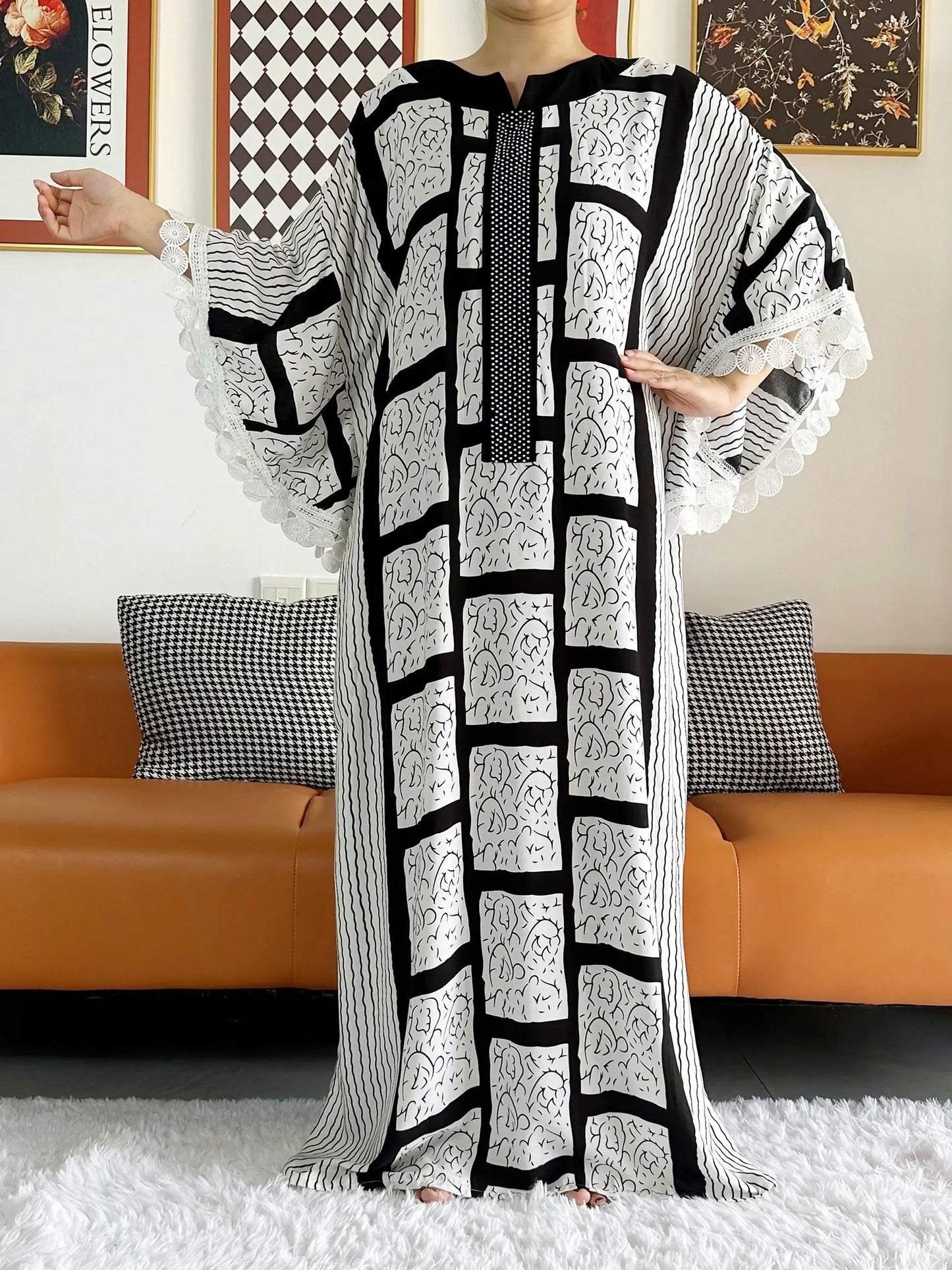 2023 African Lady Eid Dress with Big Scarf Cotton Wave Point Printed Loose Floral Boubou Maxi Islam Women Short Sleeve Abaya