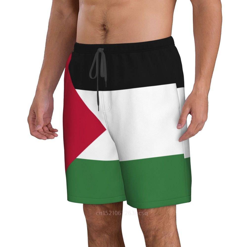 2023 Summer Polyester Palestine Country Flag 3D Printed Men's Board Shorts Beach Pocket Running Summer Pants